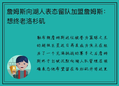 詹姆斯向湖人表态留队加盟詹姆斯：想终老洛杉矶